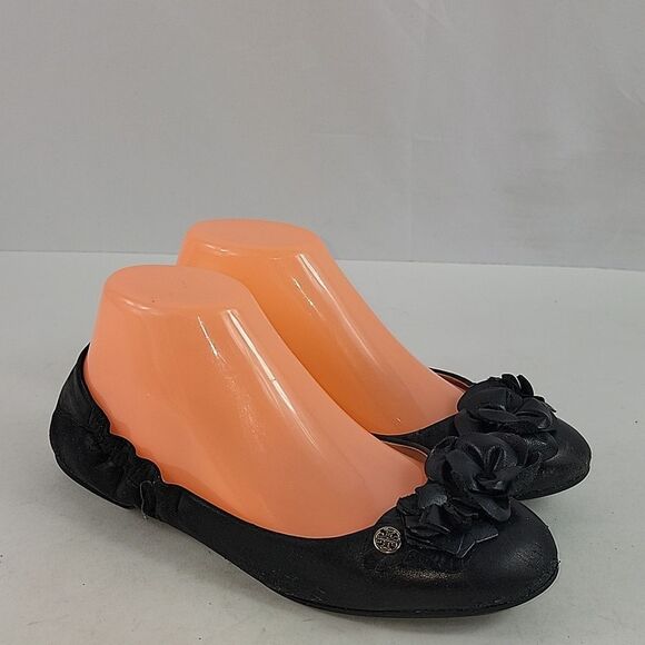 Tory Burch Black Leather Blossom Ballet Flats  - Picture 1 of 16